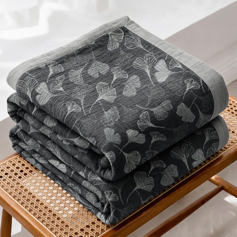 Coperta in cotone con foglie di ginkgo grigio-nere - image 7