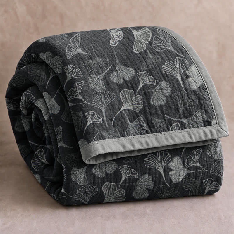 Coperta in cotone con foglie di ginkgo grigio-nere - Nero - 90" x 92" - image 6