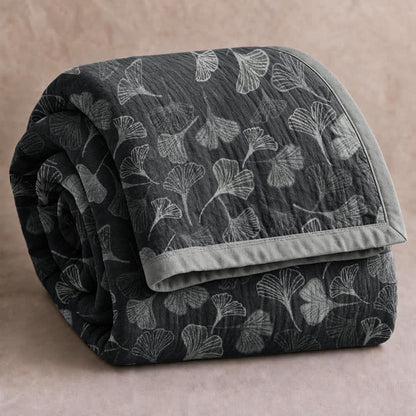 Coperta in cotone con foglie di ginkgo grigio-nere - Nero - 90" x 92" - image 6