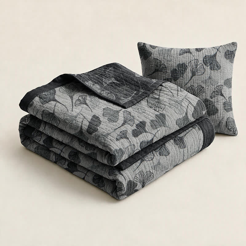 Coperta in cotone con foglie di ginkgo grigio-nere - image 2