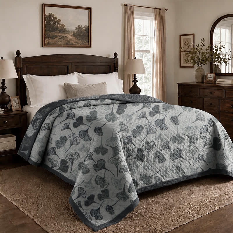 Coperta in cotone con foglie di ginkgo grigio-nere - image 4