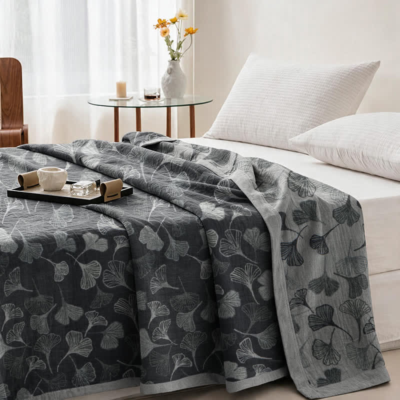 Coperta in cotone con foglie di ginkgo grigio-nere - image 9