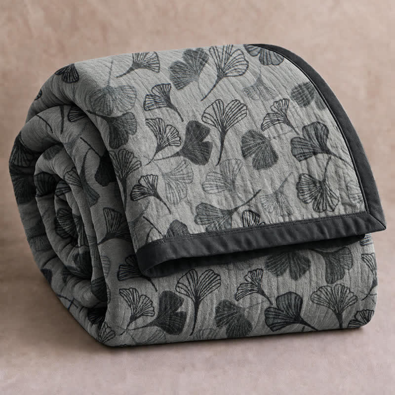 Coperta in cotone con foglie di ginkgo grigio-nere - Grigio chiaro - 90" x 92" - image 0