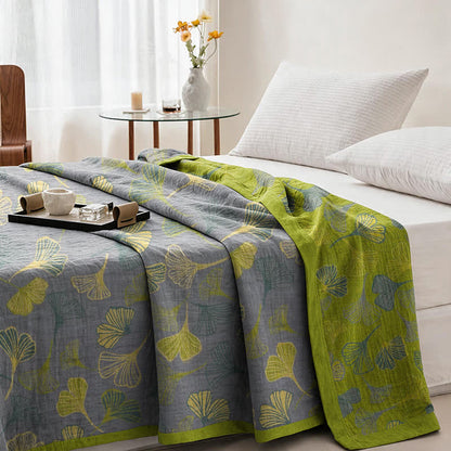 Coperta in cotone con foglie di ginkgo grigio-verdi - image 9