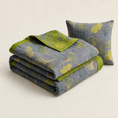 Coperta in cotone con foglie di ginkgo grigio-verdi - image 8