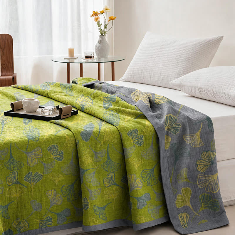 Coperta in cotone con foglie di ginkgo grigio-verdi - image 3
