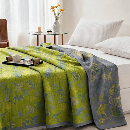 Coperta in cotone con foglie di ginkgo grigio-verdi - image 3