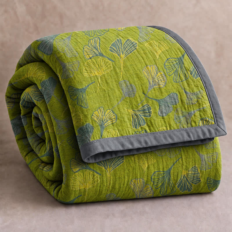 Coperta in cotone con foglie di ginkgo grigio-verdi - Verde - 90" x 92" - image 0