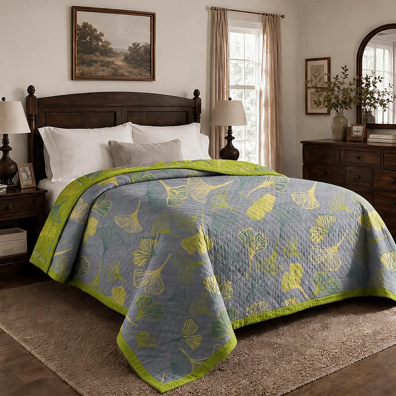 Coperta in cotone con foglie di ginkgo grigio-verdi - image 10