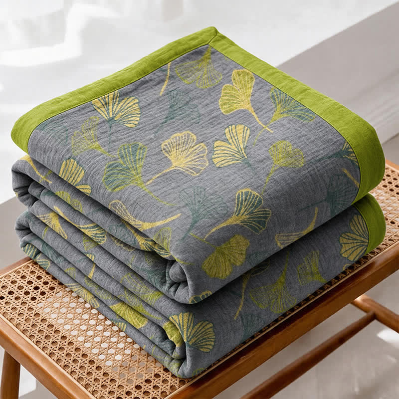 Coperta in cotone con foglie di ginkgo grigio-verdi - image 7