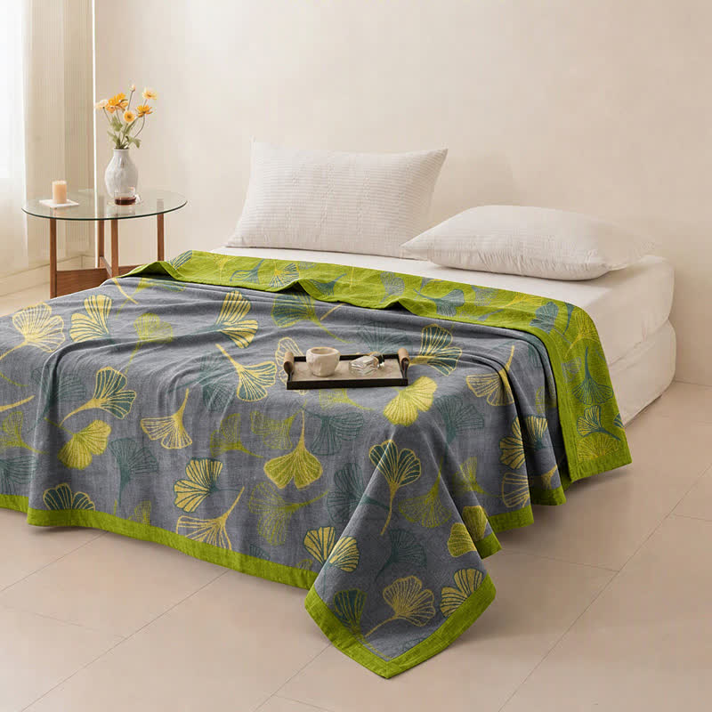 Coperta in cotone con foglie di ginkgo grigio-verdi - image 11