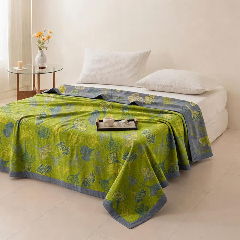 Coperta in cotone con foglie di ginkgo grigio-verdi - image 5