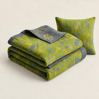 Coperta in cotone con foglie di ginkgo grigio-verdi - image 2