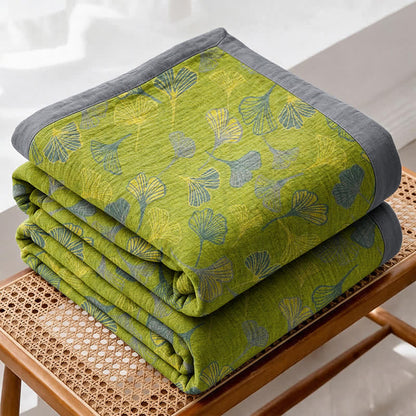 Coperta in cotone con foglie di ginkgo grigio-verdi - image 1