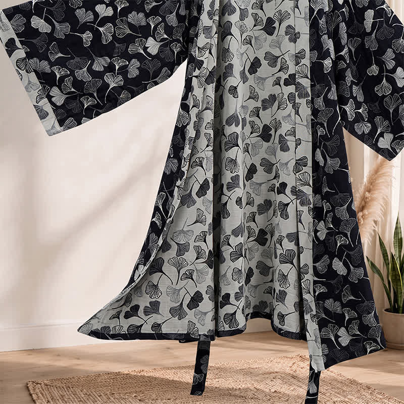 Kimono in cotone con foglie di ginkgo bianche e nere - image 4
