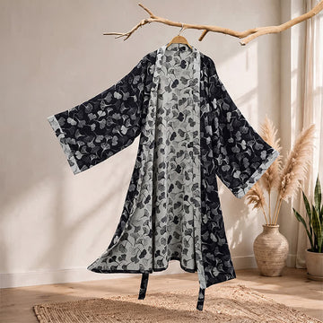 Kimono in cotone con foglie di ginkgo bianche e nere - Nero - 2XL - image 0