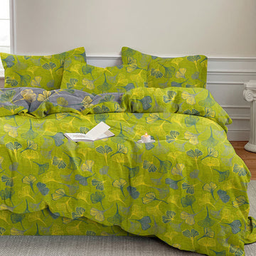 Set di biancheria da letto reversibile in cotone con motivo vintage a foglie di ginkgo verdi. - Verde - 2 federe - 52 cm x 93 cm - image 0