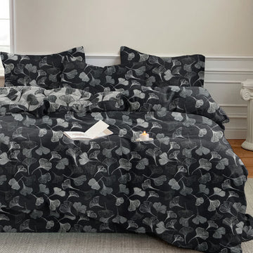 Set di biancheria da letto reversibile in cotone con motivo vintage a foglie di ginkgo nero - Nero - 2 federe - 52 cm x 93 cm - image 0