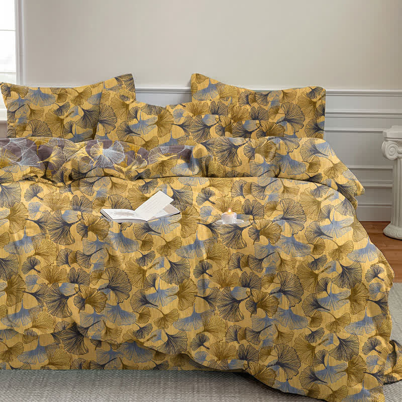 Set di biancheria da letto in garza di cotone con motivo a foglie di ginkgo in stile retrò - Giallo - 2 federe - 52cm x 93cm - image 0