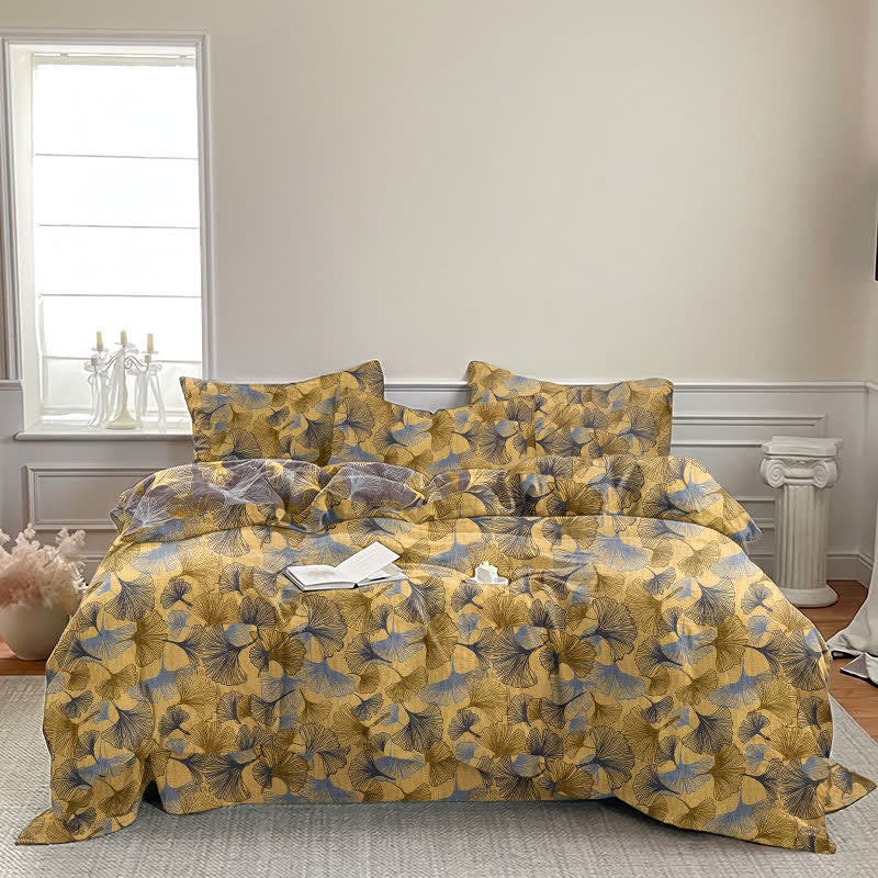 Set di biancheria da letto in garza di cotone con motivo a foglie di ginkgo in stile retrò - image 1