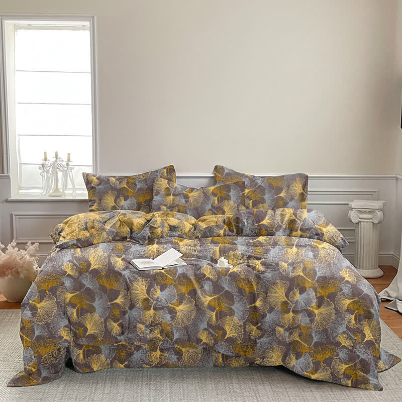 Set di biancheria da letto in garza di cotone con motivo a foglie di ginkgo in stile retrò - image 9