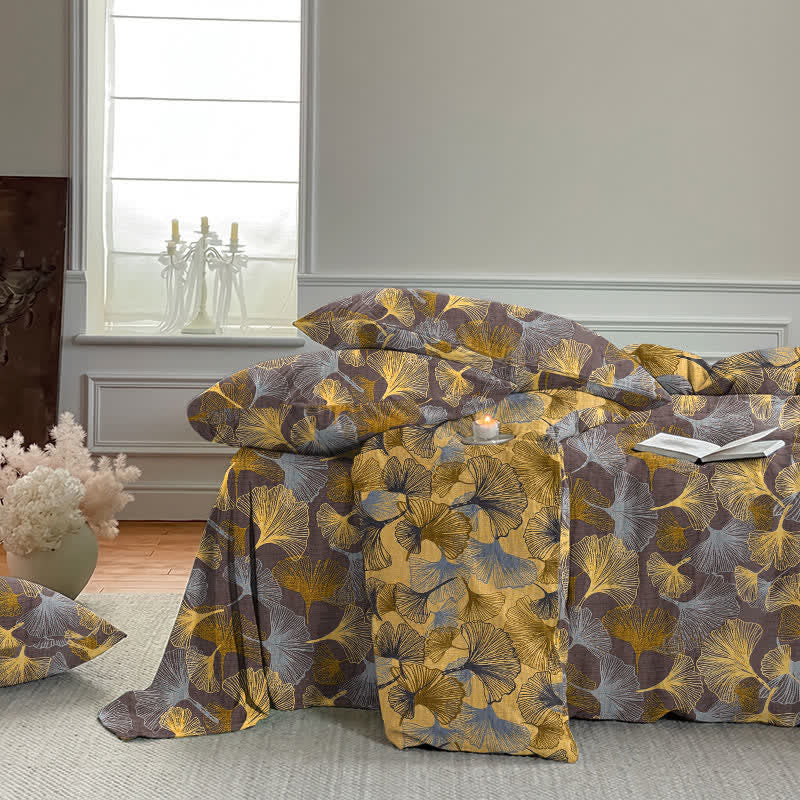 Set di biancheria da letto in garza di cotone con motivo a foglie di ginkgo in stile retrò - image 13