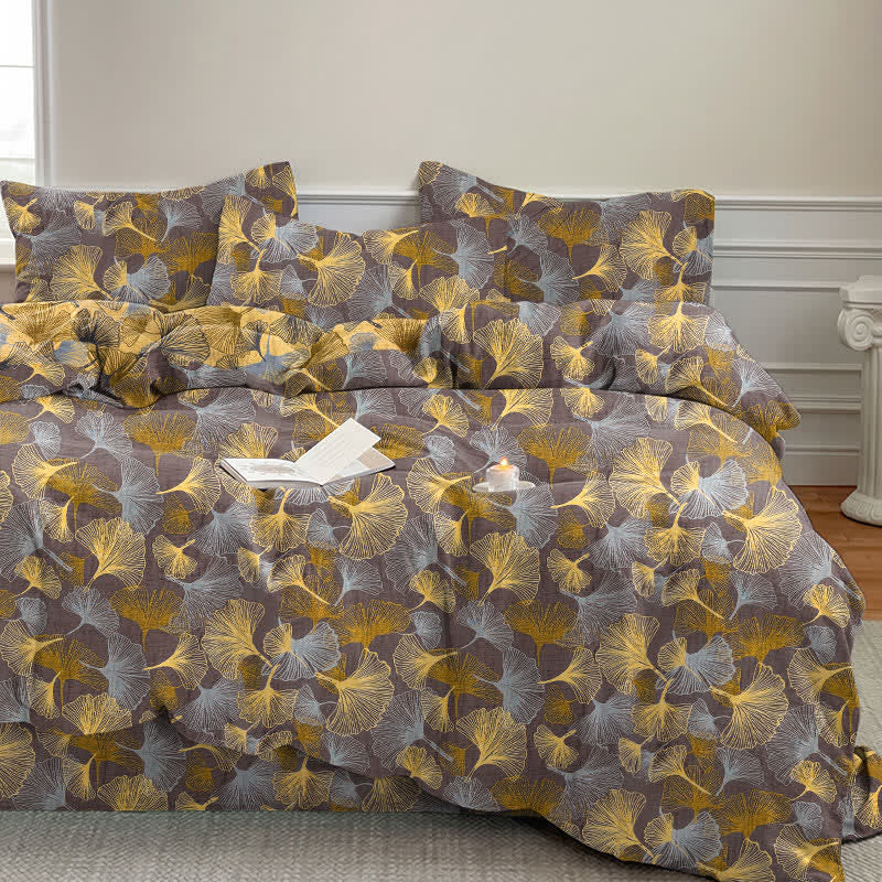 Set di biancheria da letto in garza di cotone con motivo a foglie di ginkgo in stile retrò - Marrone chiaro - 2 federe - 52cm x 93cm - image 8