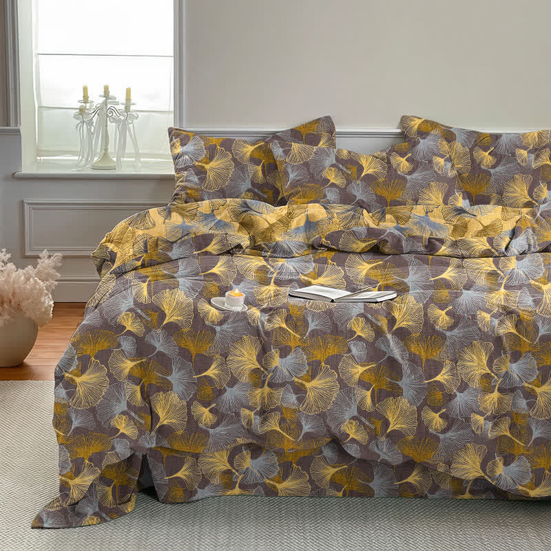 Set di biancheria da letto in garza di cotone con motivo a foglie di ginkgo in stile retrò - image 10