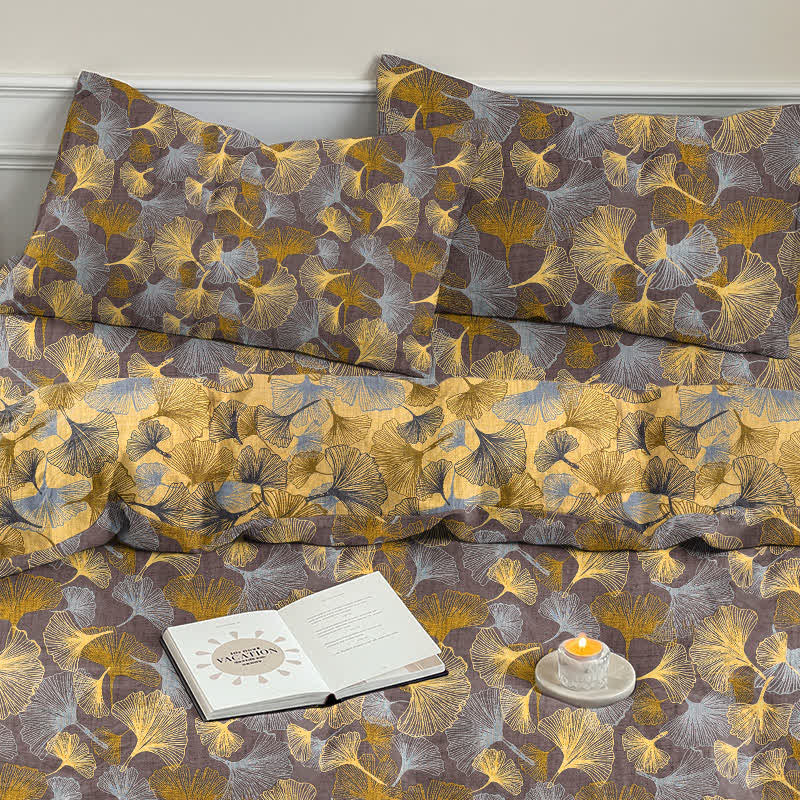 Set di biancheria da letto in garza di cotone con motivo a foglie di ginkgo in stile retrò - image 15