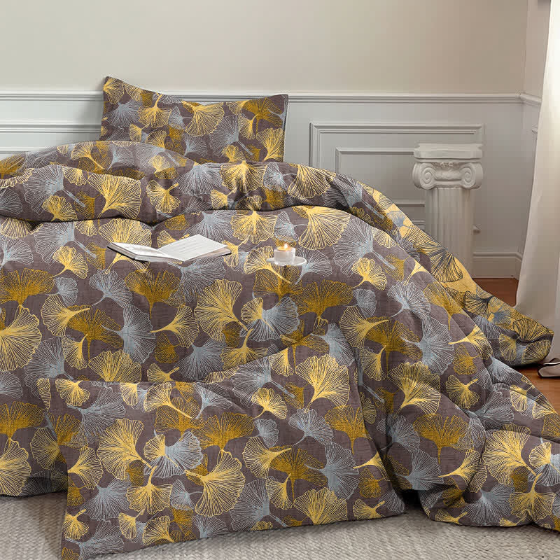 Set di biancheria da letto in garza di cotone con motivo a foglie di ginkgo in stile retrò - image 11