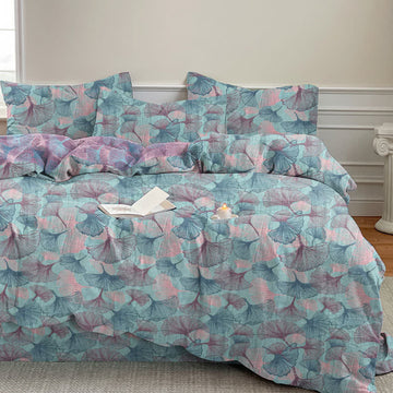 Set di biancheria da letto in cotone con foglie di ginkgo in stile retrò botanico - Blu - Matrimoniale Grande - Set di biancheria da letto (4 pezzi) - image 0