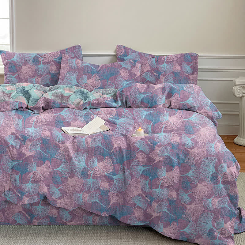 Set di biancheria da letto in cotone con foglie di ginkgo in stile retrò botanico - Viola - Matrimoniale Grande - Set di biancheria da letto (4 pezzi) - image 8