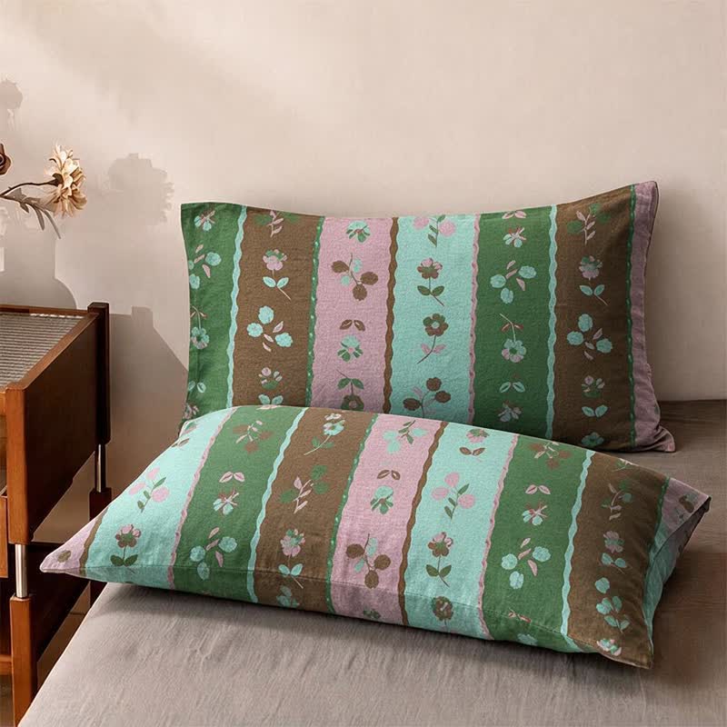 Copriletto in cotone a righe multicolore con motivo floreale - 2 federe - 48cm x 74cm - image 3
