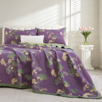 Coperta artistica in garza di cotone con motivo a foglie di ginkgo - Viola - 90" x 92" - image 0