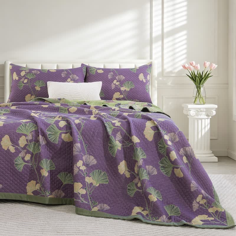 Coperta artistica in garza di cotone con motivo a foglie di ginkgo - Viola - 90" x 92" - image 0