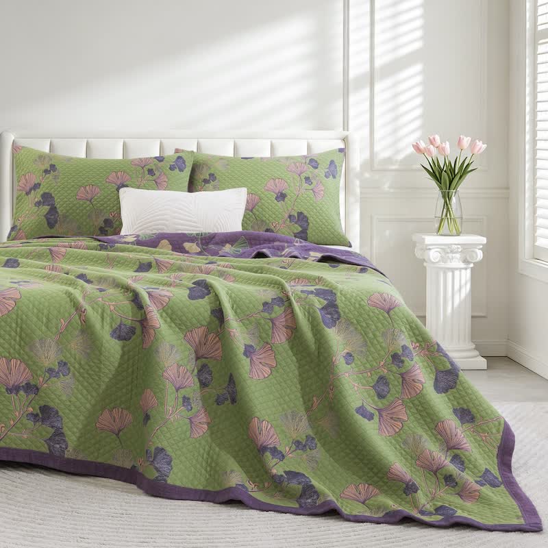 Coperta artistica in garza di cotone con motivo a foglie di ginkgo - Verde - 90" x 92" - image 8