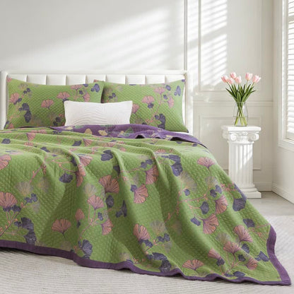 Coperta artistica in garza di cotone con motivo a foglie di ginkgo - Verde - 90" x 92" - image 8