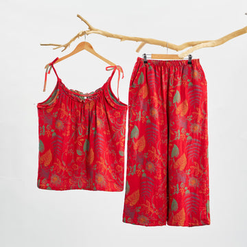 Completo da casa in cotone con canotta e foglie rosse in stile retrò - Rosso - XL - image 0