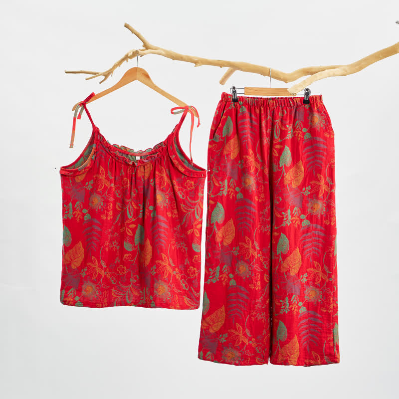 Completo da casa in cotone con canotta e foglie rosse in stile retrò - Rosso - XL - image 0