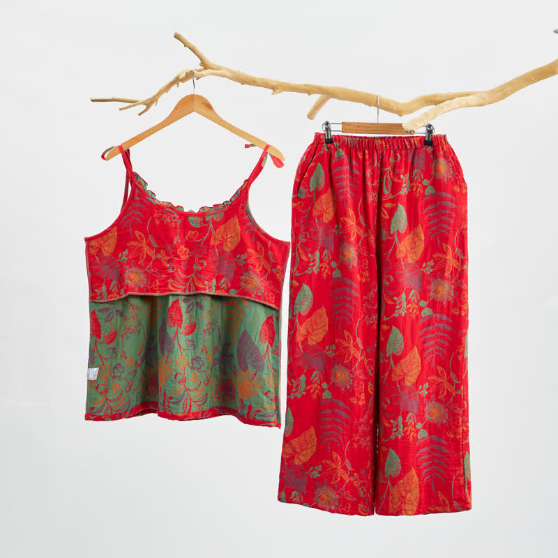 Completo da casa in cotone con canotta e foglie rosse in stile retrò - image 1