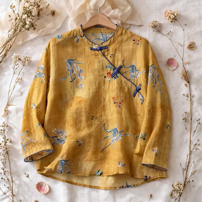 Top a maniche lunghe con stampa floreale vintage e insetti - Giallo - 2XL - image 0