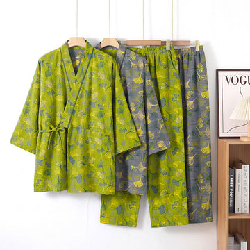 Set pigiama da casa in cotone con kimono a forma di foglia di ginkgo - image 0