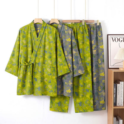 Set pigiama da casa in cotone con kimono a forma di foglia di ginkgo - image 1
