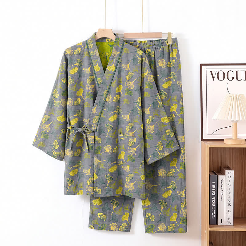 Set pigiama da casa in cotone con kimono a forma di foglia di ginkgo - Grigio chiaro - XL - image 6
