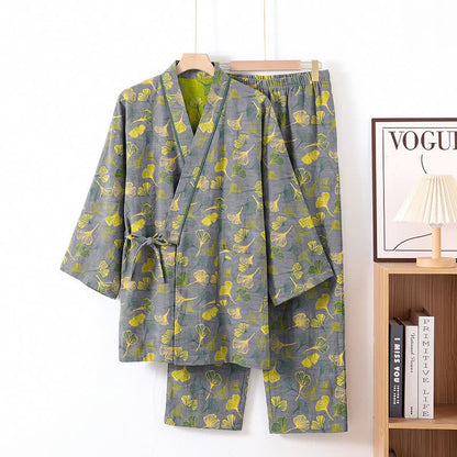 Set pigiama da casa in cotone con kimono a forma di foglia di ginkgo - Grigio chiaro - XL - image 6