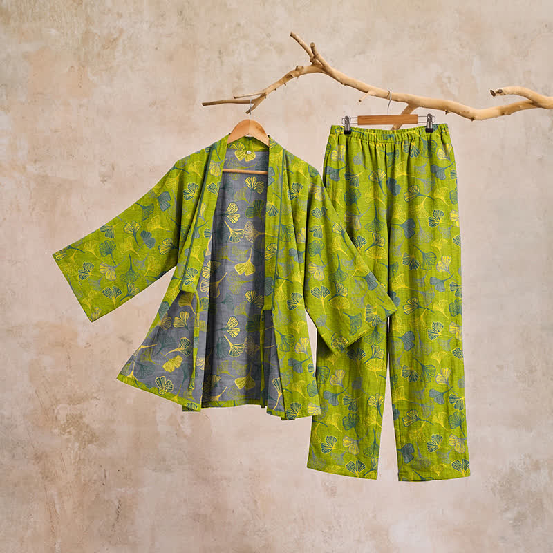 Set pigiama da casa in cotone con kimono a forma di foglia di ginkgo - image 4