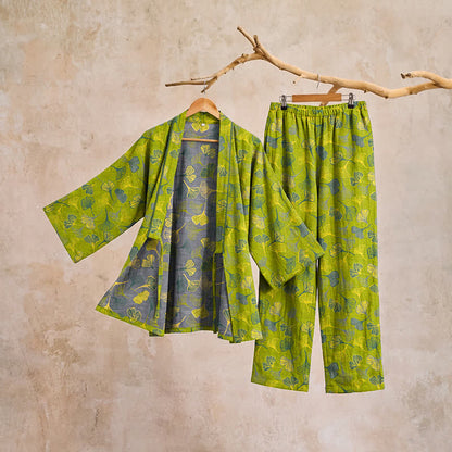 Set pigiama da casa in cotone con kimono a forma di foglia di ginkgo - image 4