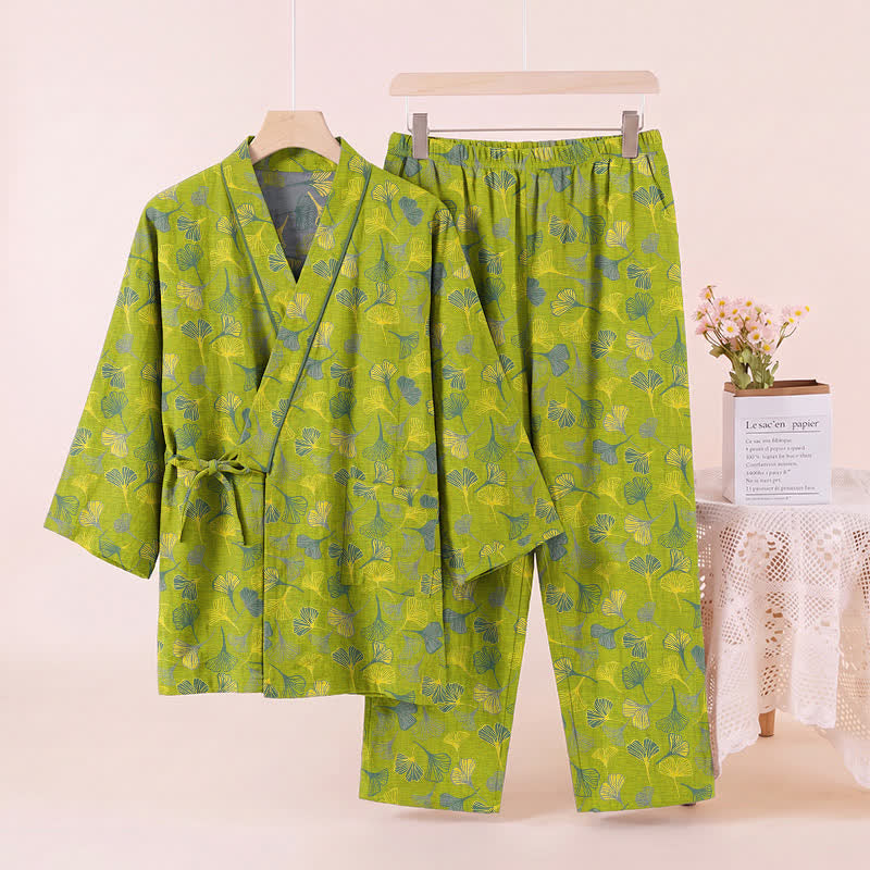 Set pigiama da casa in cotone con kimono a forma di foglia di ginkgo - image 2