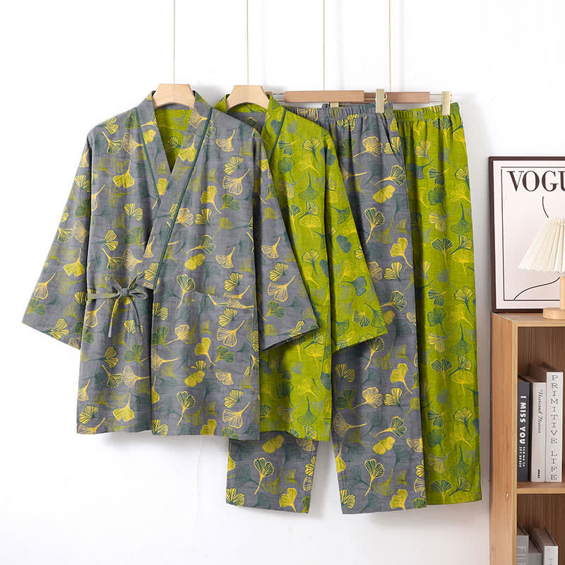Set pigiama da casa in cotone con kimono a forma di foglia di ginkgo - image 7