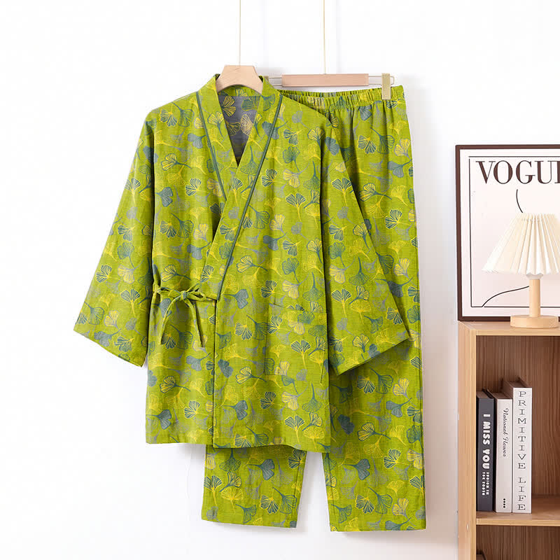 Set pigiama da casa in cotone con kimono a forma di foglia di ginkgo - Verde - XL - image 0